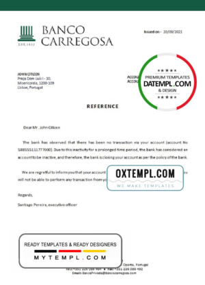 Portugal Banco Carregosa bank account closure reference letter template in Word and PDF format