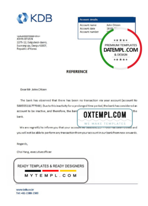 Korea KDB bank account closure reference letter template in Word and PDF format