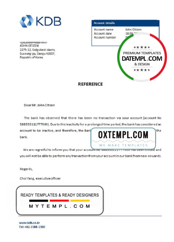Korea KDB bank account closure reference letter template in Word and PDF format