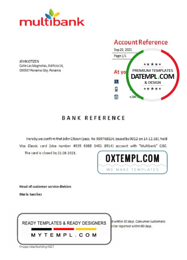 Panama Multibank bank account closure reference letter template in Word and PDF format