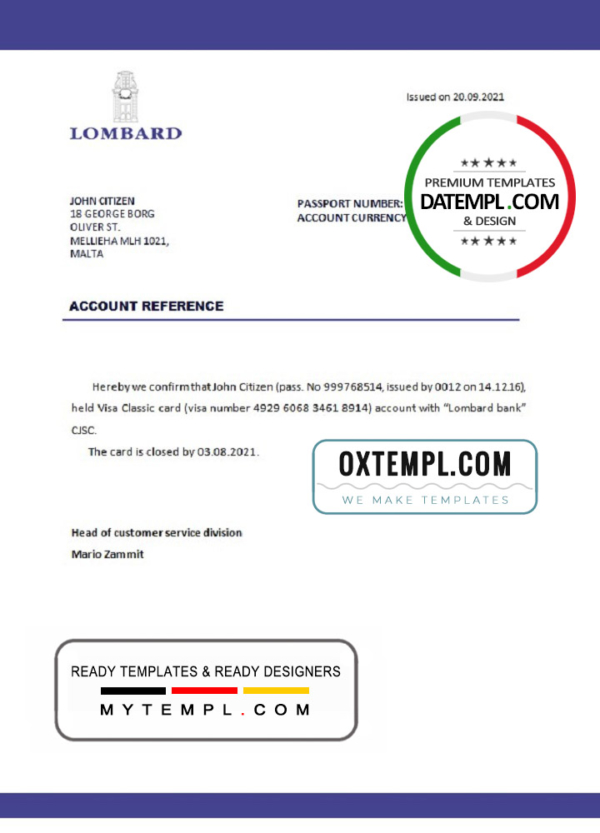 Malta Lombard bank account closure reference letter template in Word and PDF format