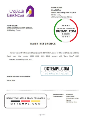 Oman Bank Nizwa bank account closure reference letter template in Word and PDF format