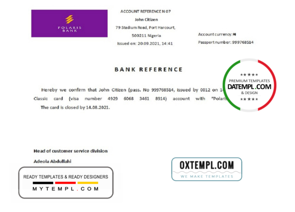 Nigeria Polaris Bank bank account closure reference letter template in Word and PDF format