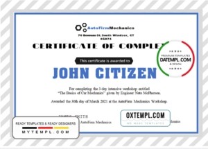 USA Car Workshop Experience  Certificate template in Word and PDF format