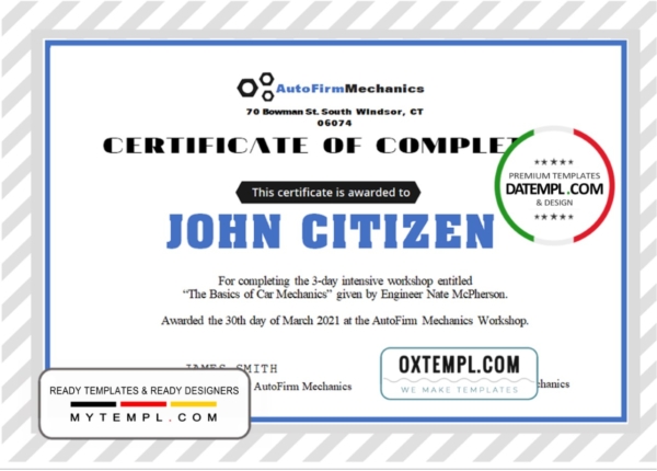 USA Car Workshop Experience  Certificate template in Word and PDF format