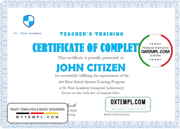 USA Teacher's Training Completion certificate template in Word and PDF format