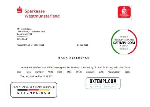 Germany Sparkasse bank account closure reference letter template in Word and PDF format