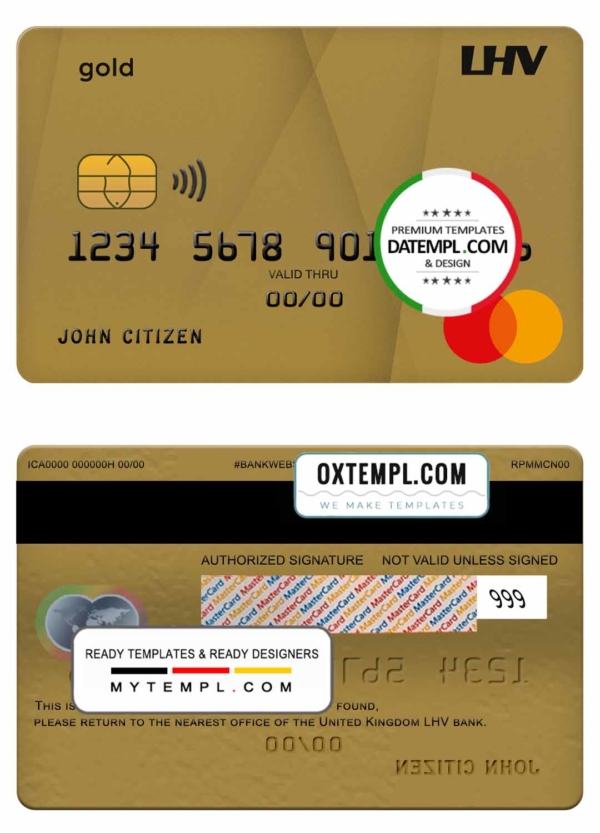 United Kingdom LHV bank mastercard gold credit card template in PSD format