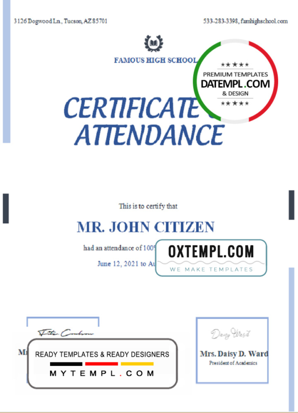 USA Attendance Certificate template in Word and PDF format