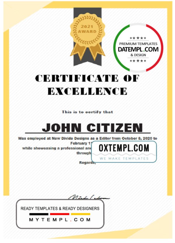 USA Excellence Certificate template in Word and PDF format