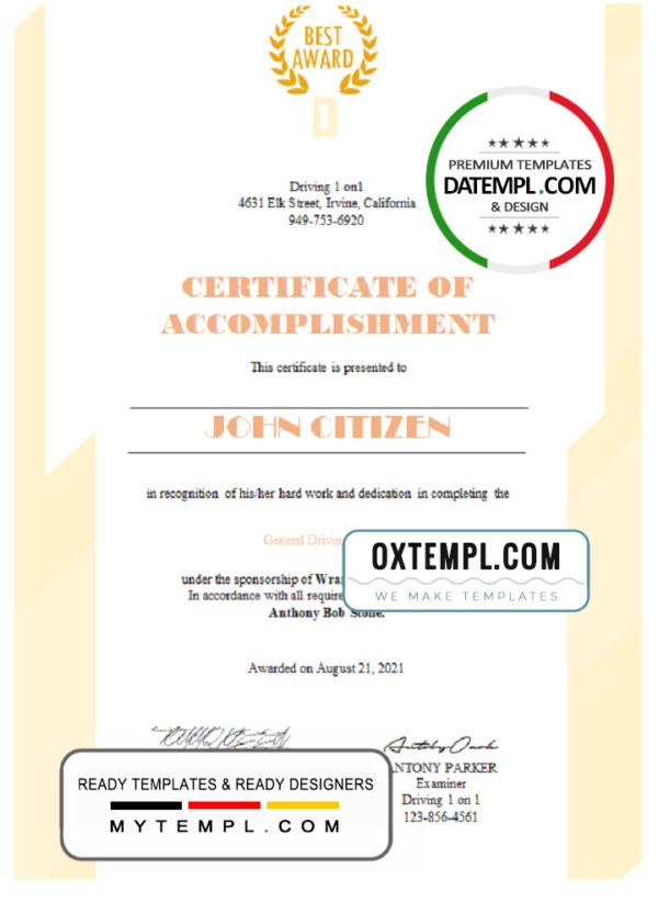 USA Driving Certificate template in Word and PDF format