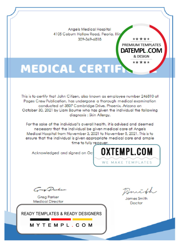 USA Hospital Medical certificate template in Word and PDF format