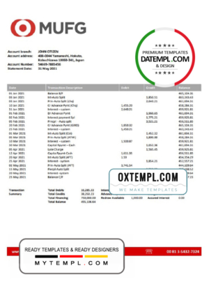 Japan MUFG bank statement template in Excel and PDF format