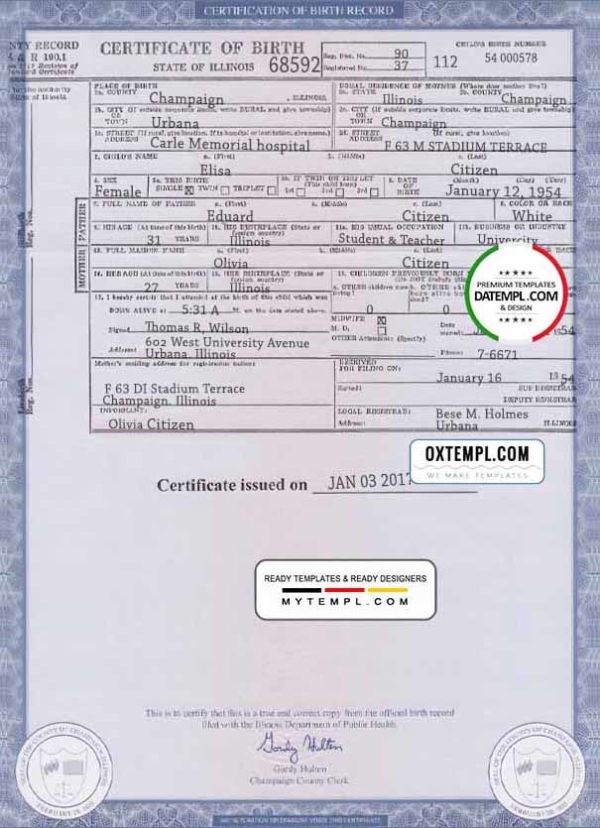 USA Illinois state birth certificate template in PSD format, fully editable
