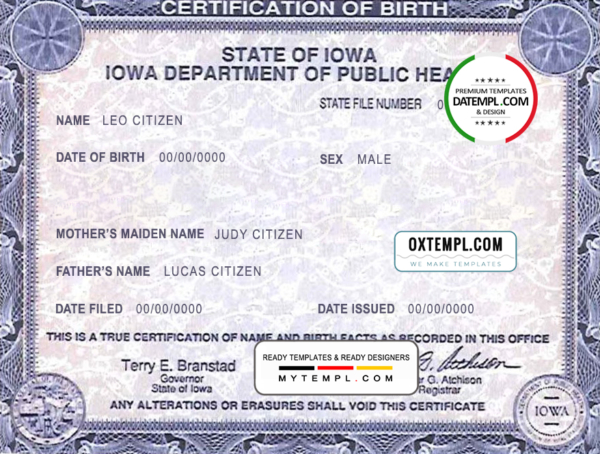 USA Iowa state birth certificate template in PSD format, fully editable