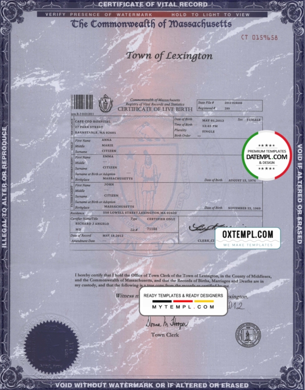 USA Massachusetts state birth certificate template in PSD format, fully editable