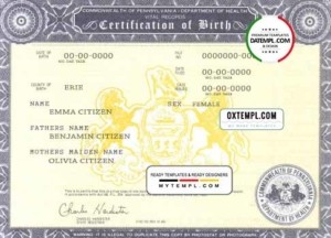 USA Pennsylvania state birth certificate template in PSD format, fully editable
