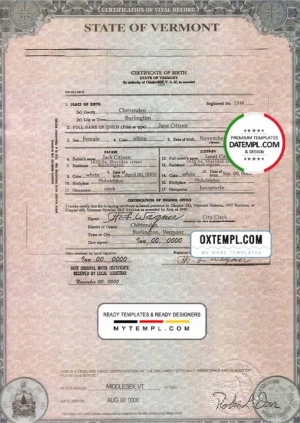 USA Vermont  state birth certificate template in PSD format, fully editable