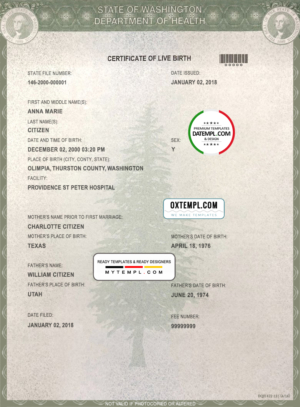 USA Washington state birth certificate template in PSD format, fully editable