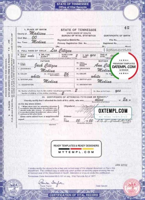 USA Tennessee state birth certificate template in PSD format, fully editable