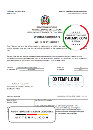 Dominican Republic divorce certificate template in Word format