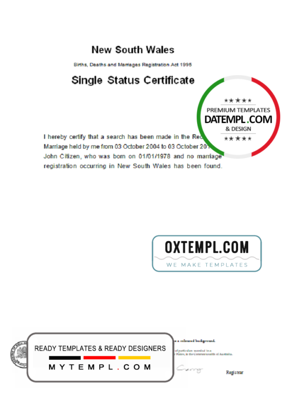 Australia New South Wales divorce certificate template in Word format