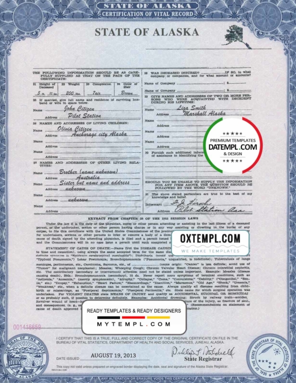 USA Alaska state birth certificate template in PSD format, fully editable