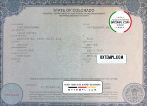 USA Colorado state birth certificate template in PSD format, fully editable