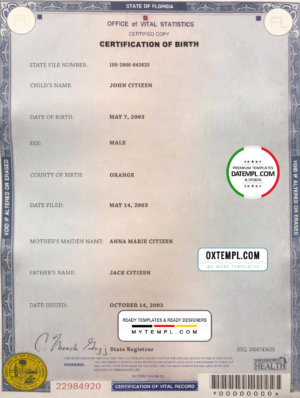 USA Florida state birth certificate template in PSD format, fully editable