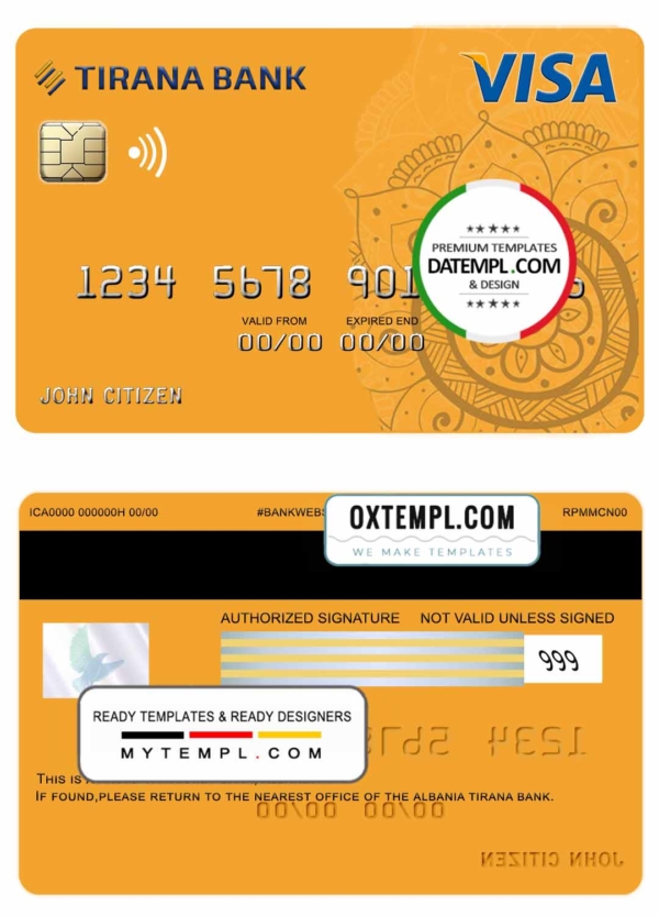Albania Tirana bank visa card template in PSD format, fully editable
