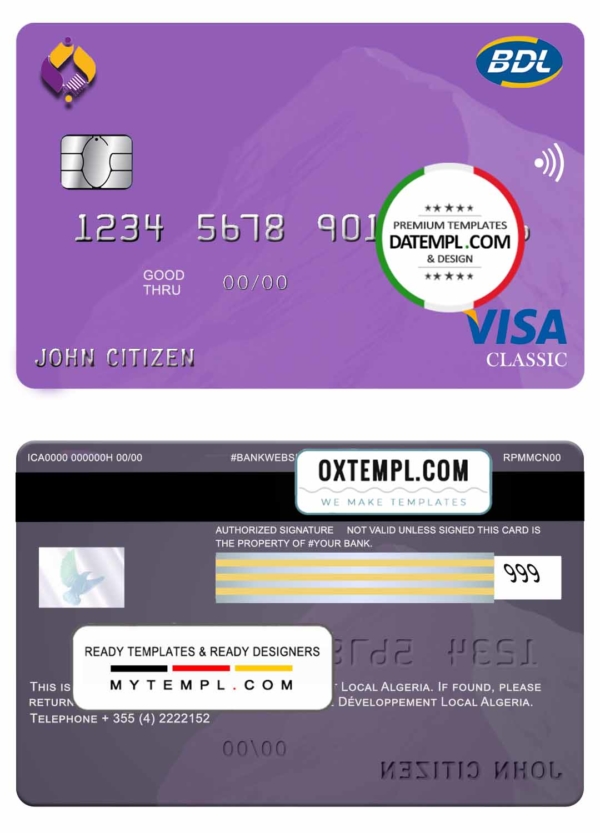 Algeria Banque de developement visa card template in PSD format, fully editable