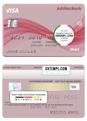 Austria Addiko bank visa card template in PSD format, fully editable