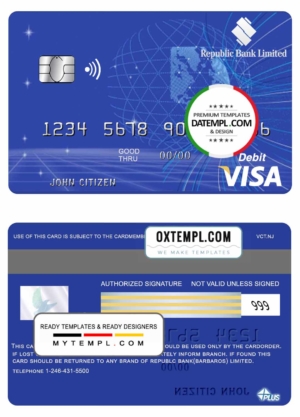Barbados Republic Bank visa card template in PSD format, fully editable