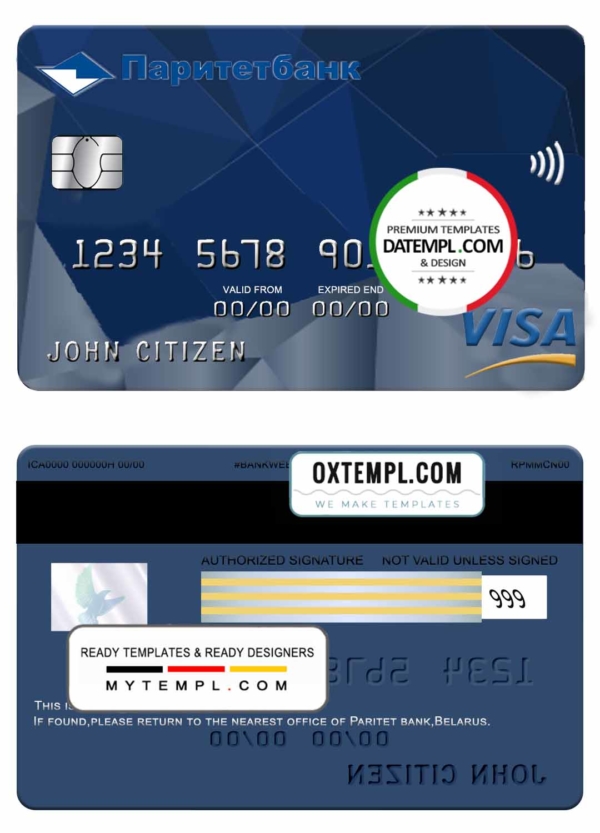 Belarus Paritet bank visa card template in PSD format, fully editable