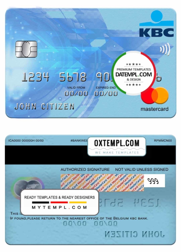 Belgium KBC bank mastercard template in PSD format, fully editable