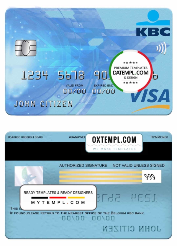 Belgium KBC bank visa card template in PSD format, fully editable