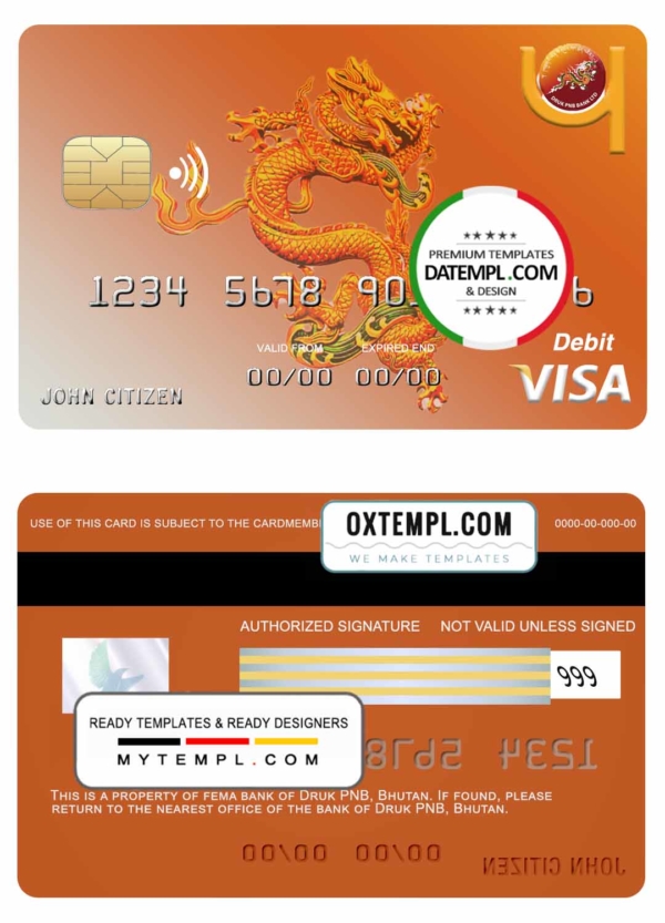 Bhutan Druk PNB bank visa card template in PSD format, fully editable