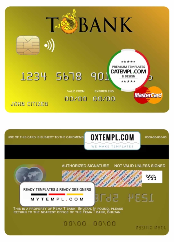 Bhutan T bank mastercard template in PSD format, fully editable