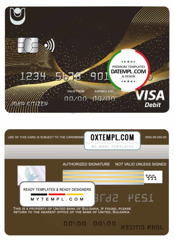 Bulgaria United Bank visa credit card template in PSD format, fully editable