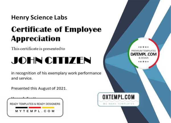 USA Employee Appreciation certificate template in Word and PDF format, version 2