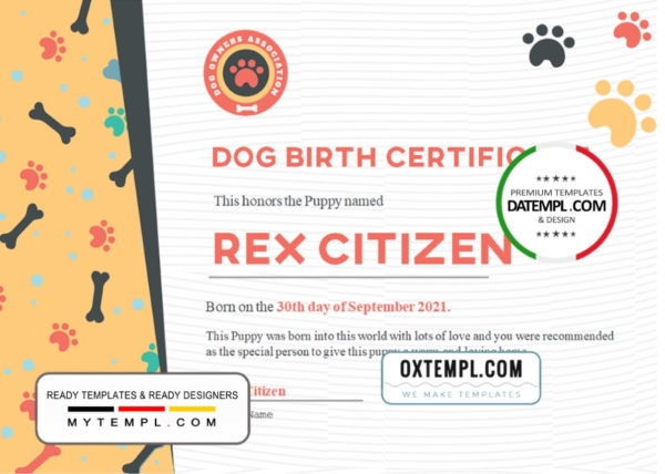 USA Dog Birth certificate template in Word and PDF format
