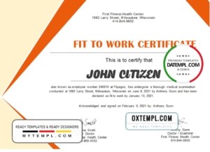USA Medical Fitness certificate template in Word and PDF format