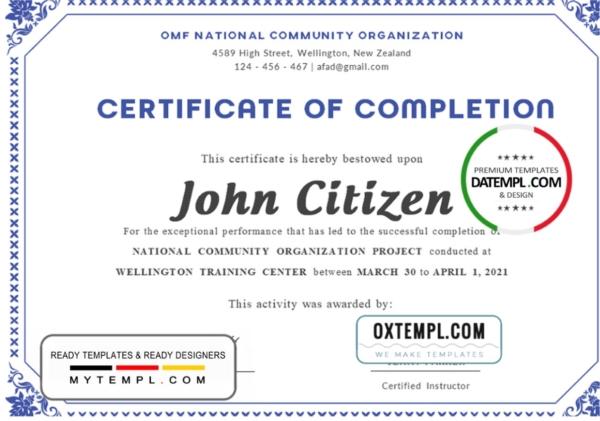 USA Completion certificate template in Word and PDF format, version 3