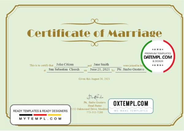 USA Marriage certificate template in Word and PDF format