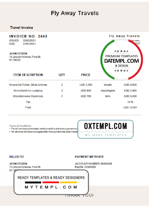 USA Fly Away Travels invoice template in Word and PDF format, fully editable
