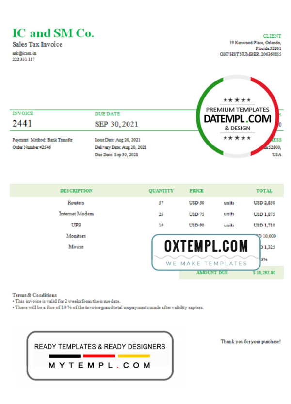 USA IC and SM Co. invoice template in Word and PDF format, fully editable