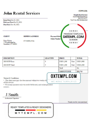 USA John Rental Services invoice template in Word and PDF format, fully editable
