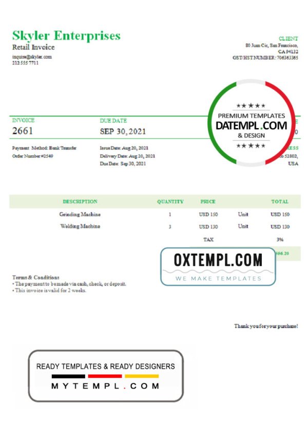 USA Skyler Enterprises invoice template in Word and PDF format, fully editable