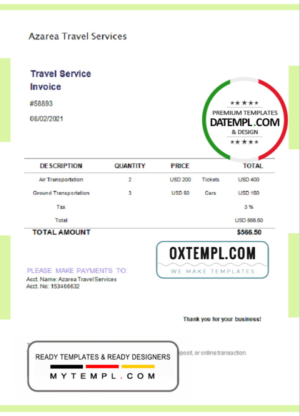 USA Azarea Travel Services invoice template in Word and PDF format, fully editable