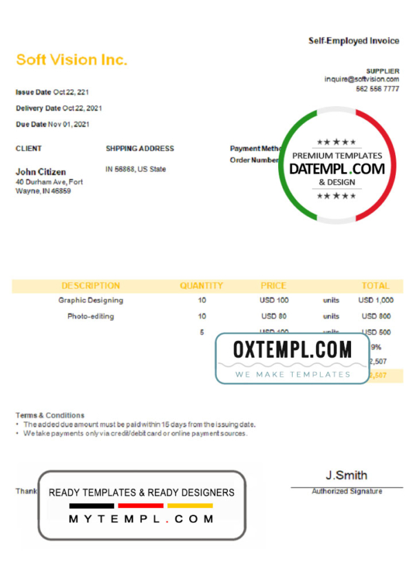 USA Soft Vision Inc. invoice template in Word and PDF format, fully editable